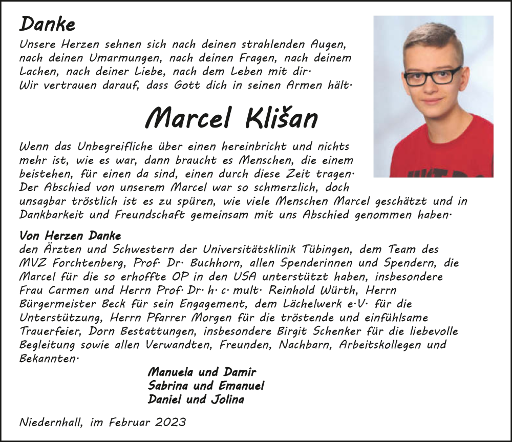  Traueranzeige für Marcel Klisan vom 11.02.2023 aus GESAMT