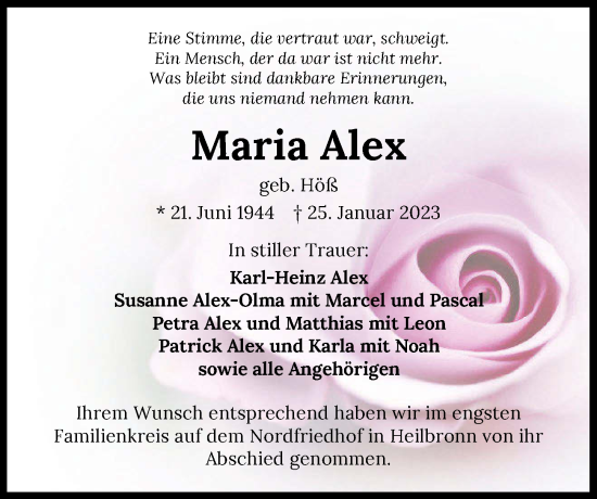 Traueranzeige von Maria Alex von GESAMT