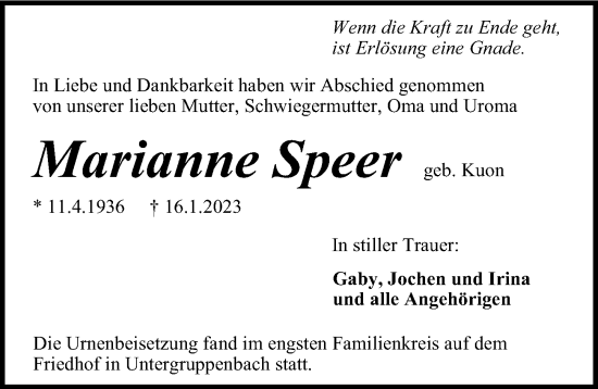 Traueranzeige von Marianne Speer von GESAMT