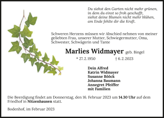 Traueranzeige von Marlies Widmayer von GESAMT