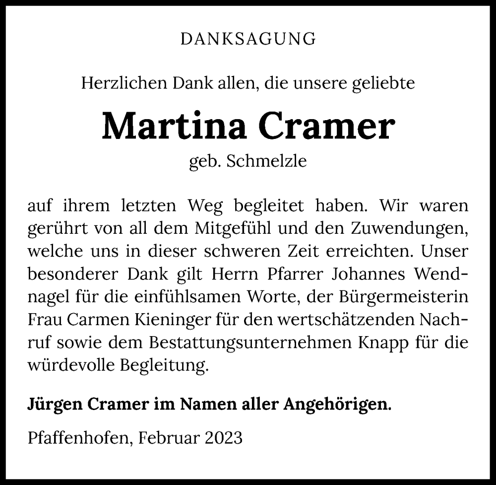  Traueranzeige für Martina Cramer vom 18.02.2023 aus GESAMT