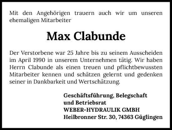 Traueranzeige von Max Clabunde von GESAMT
