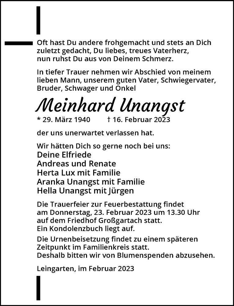  Traueranzeige für Meinhard Unangst vom 21.02.2023 aus GESAMT
