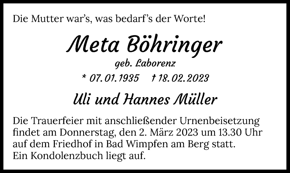  Traueranzeige für Meta Böringer vom 25.02.2023 aus GESAMT