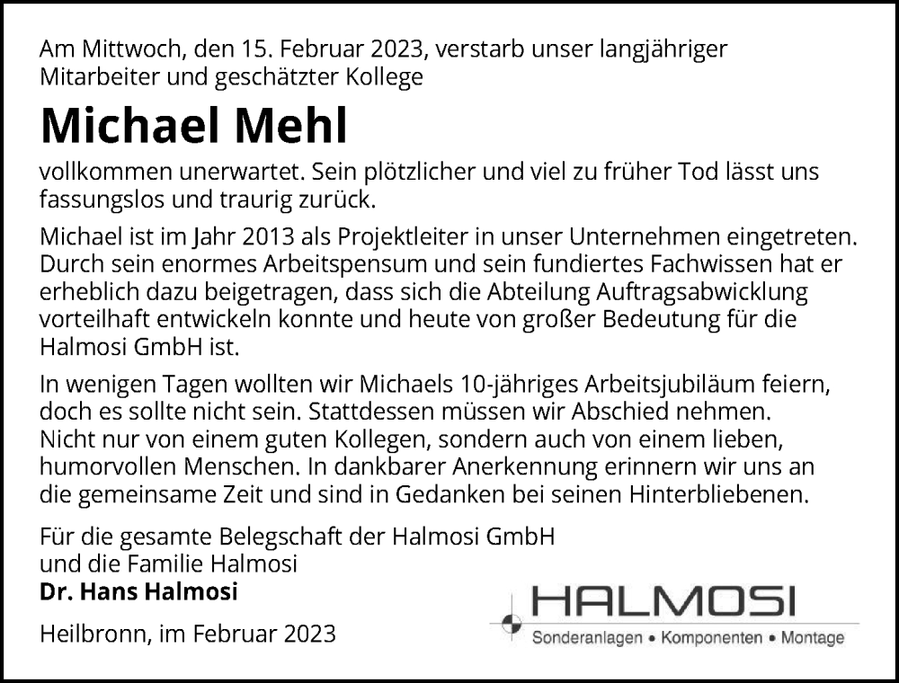  Traueranzeige für Michael Mehl vom 25.02.2023 aus GESAMT