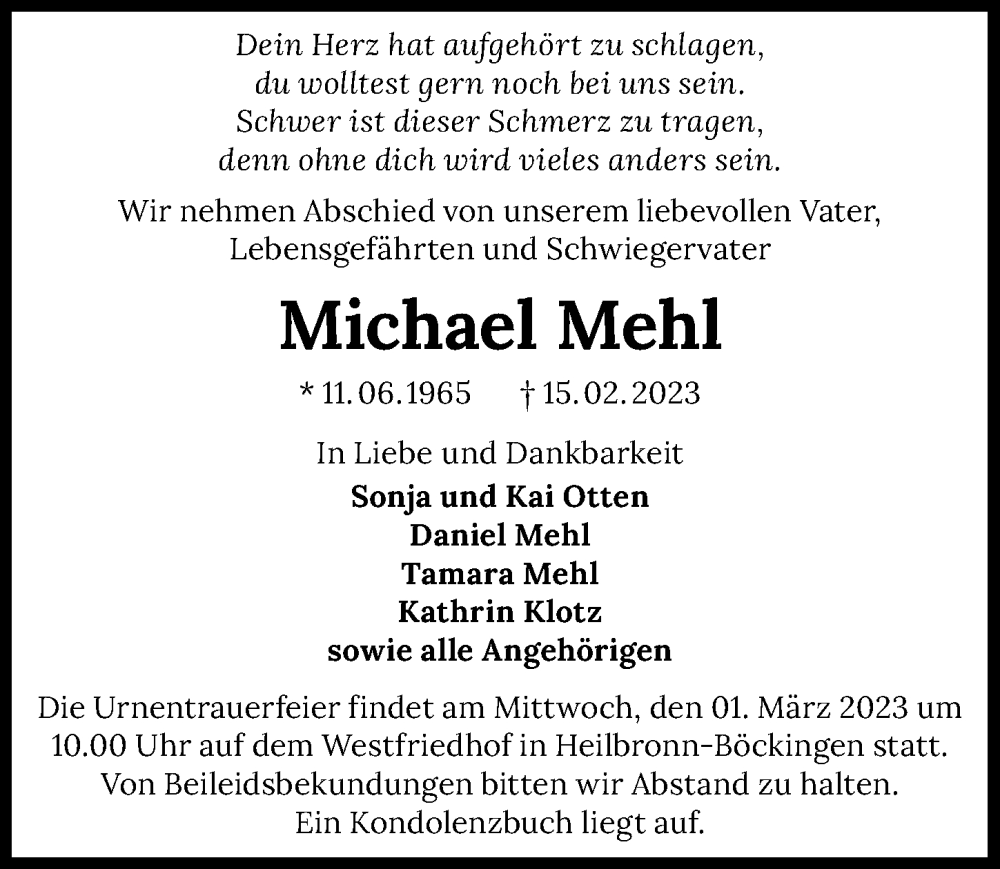  Traueranzeige für Michael Mehl vom 25.02.2023 aus GESAMT