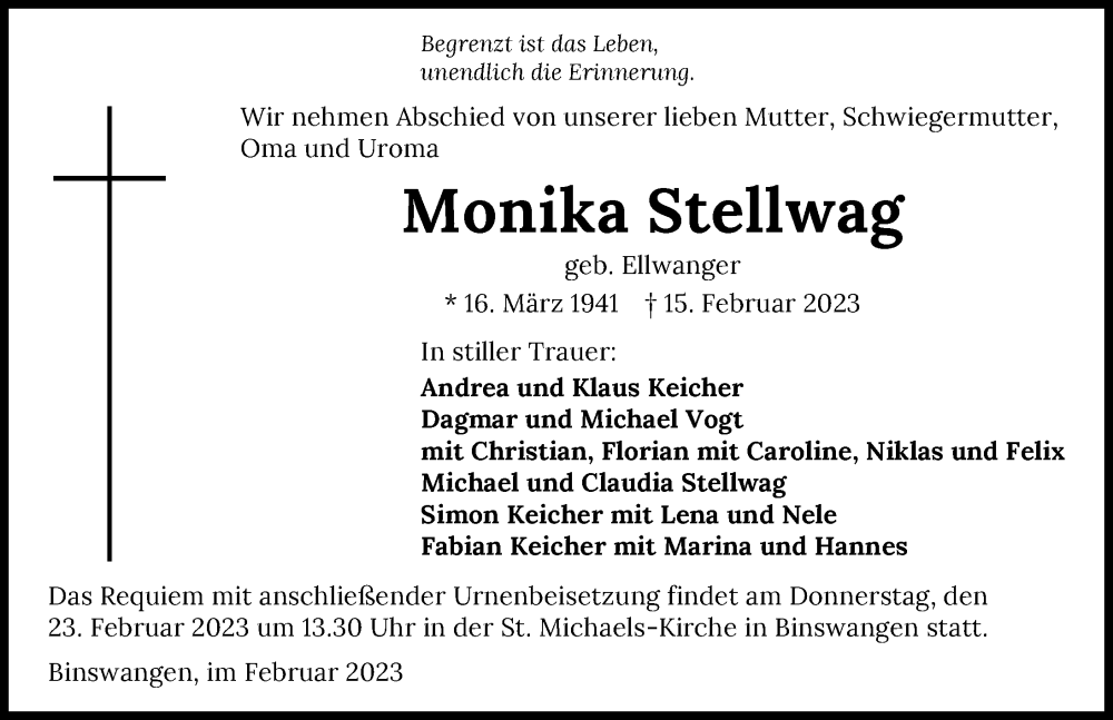  Traueranzeige für Monika Stellwag vom 17.02.2023 aus GESAMT