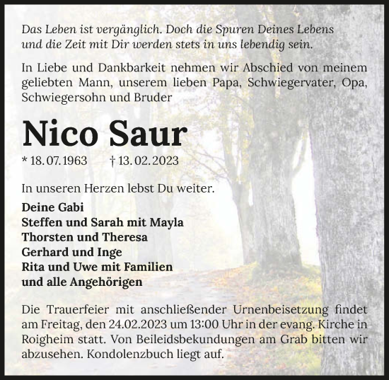 Traueranzeige von Nico Saur von GESAMT