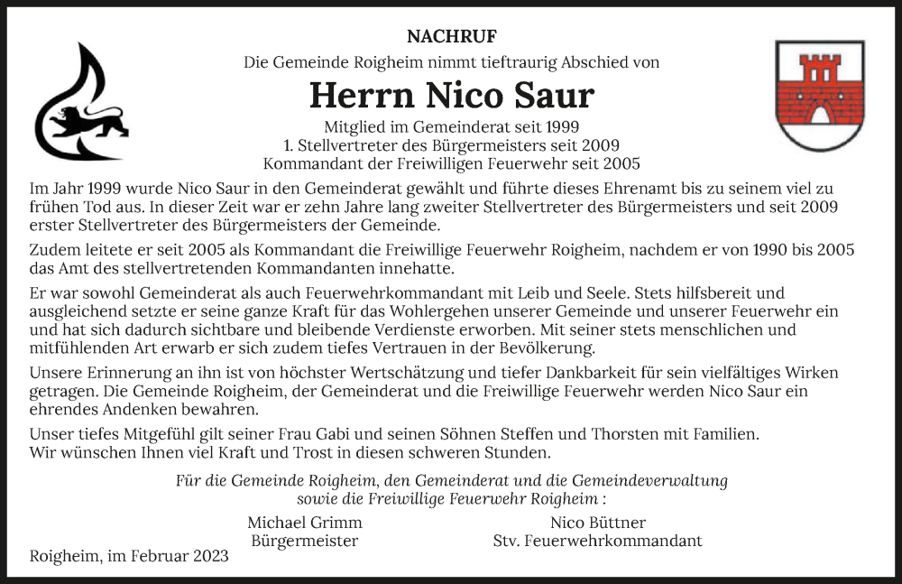  Traueranzeige für Nico Saur vom 21.02.2023 aus GESAMT
