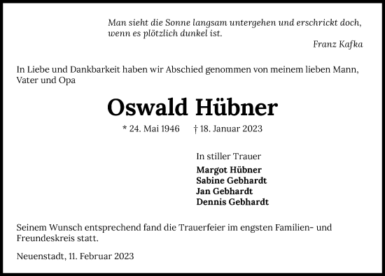 Traueranzeige von Oswald Hübner von GESAMT