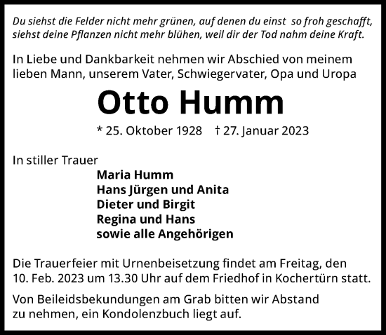 Traueranzeige von Otto Humm