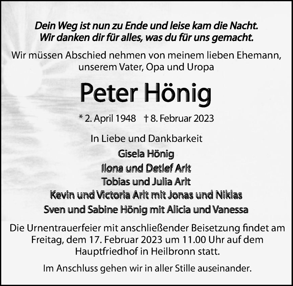  Traueranzeige für Peter Hönig vom 11.02.2023 aus GESAMT