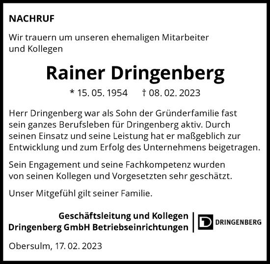 Traueranzeige von Rainer Dringenberg von GESAMT