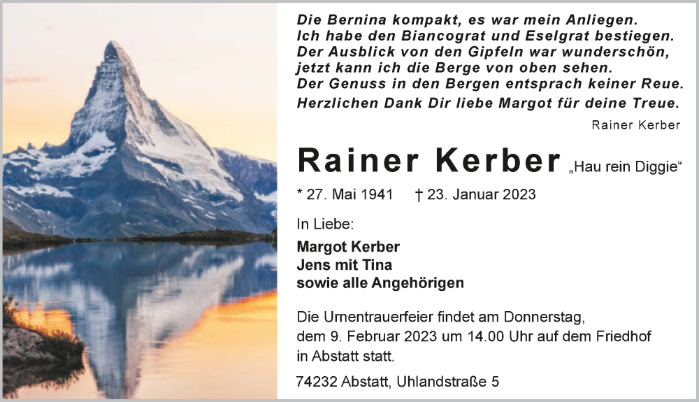  Traueranzeige für Rainer Kerber vom 04.02.2023 aus GESAMT
