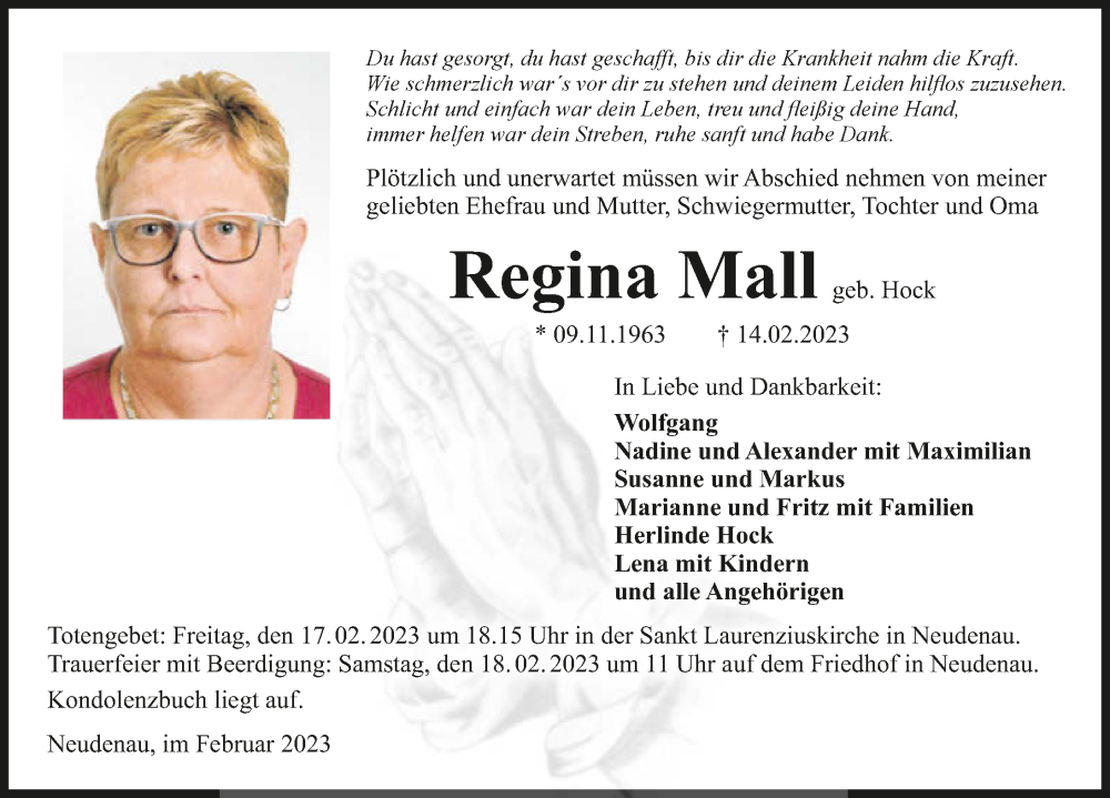  Traueranzeige für Regina Mall vom 16.02.2023 aus GESAMT