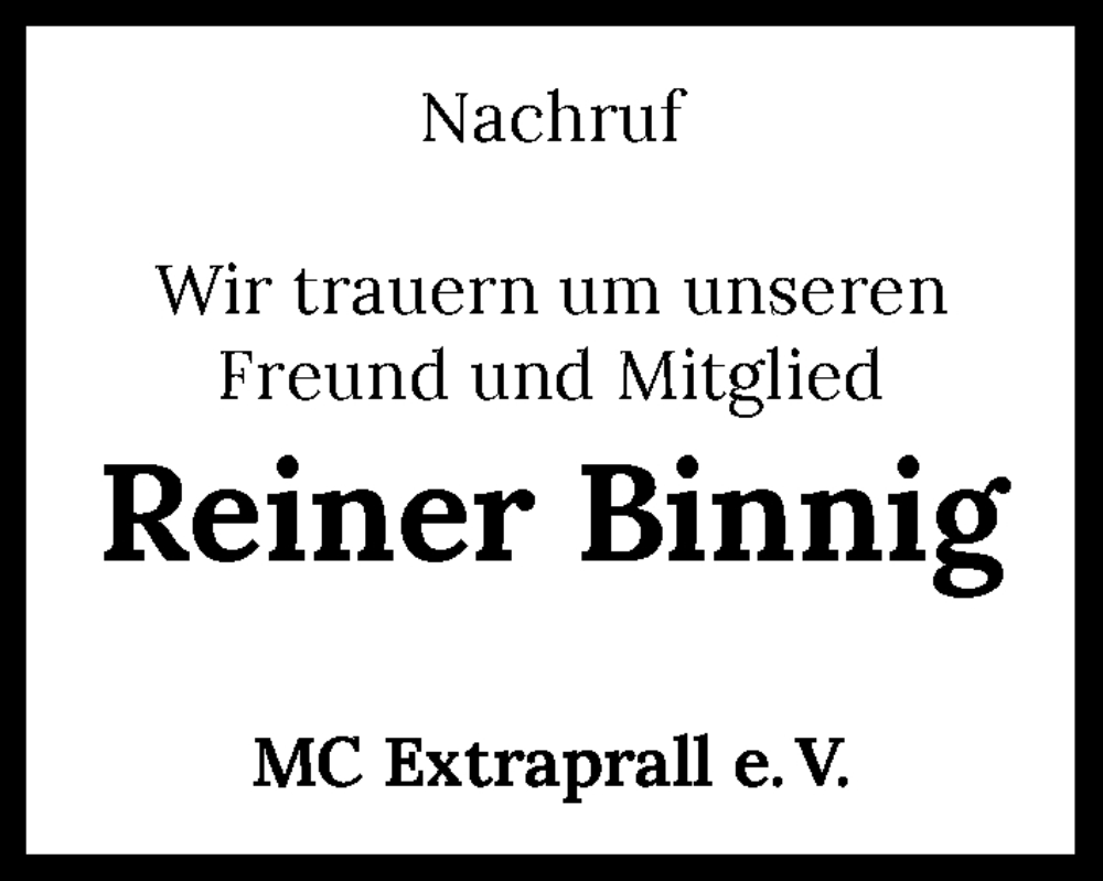  Traueranzeige für Reiner Binnig vom 02.02.2023 aus GESAMT
