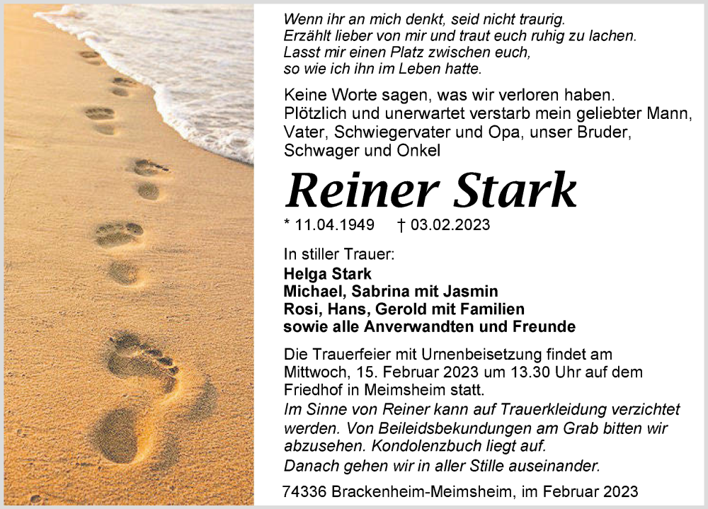  Traueranzeige für Reiner Stark vom 11.02.2023 aus GESAMT