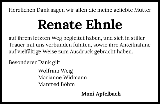 Traueranzeige von Renate Ehnle von GESAMT