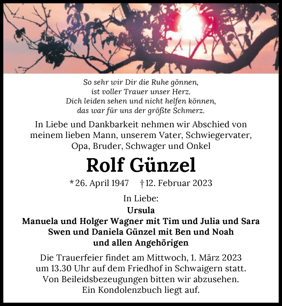  Traueranzeige für Rolf Günzel vom 22.02.2023 aus GESAMT