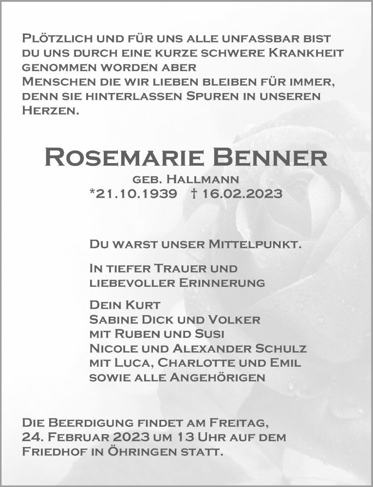  Traueranzeige für Rosemarie Benner vom 21.02.2023 aus GESAMT