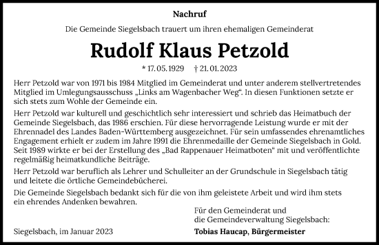 Traueranzeige von Rudolf Klaus Petzold von GESAMT