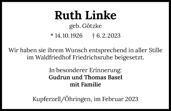 Traueranzeige von Ruth Linke von GESAMT