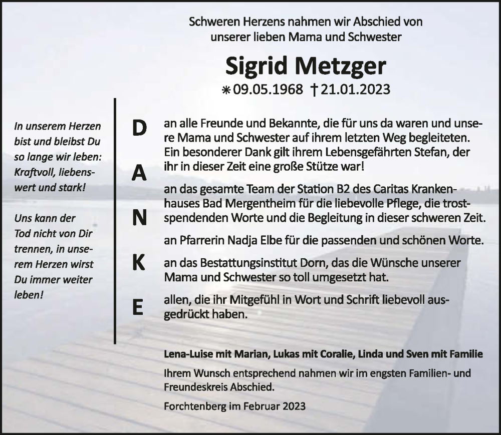  Traueranzeige für Sigrid Metzger vom 04.02.2023 aus GESAMT