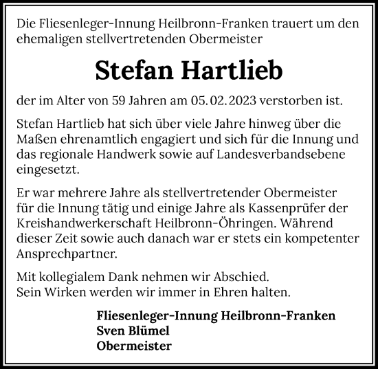 Traueranzeige von Stefan Hartlieb von GESAMT