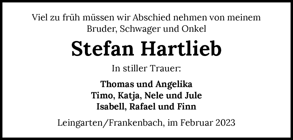  Traueranzeige für Stefan Hartlieb vom 14.02.2023 aus GESAMT