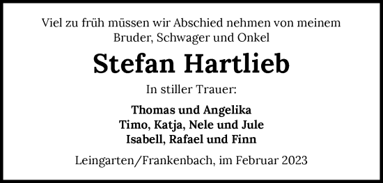 Traueranzeige von Stefan Hartlieb von GESAMT