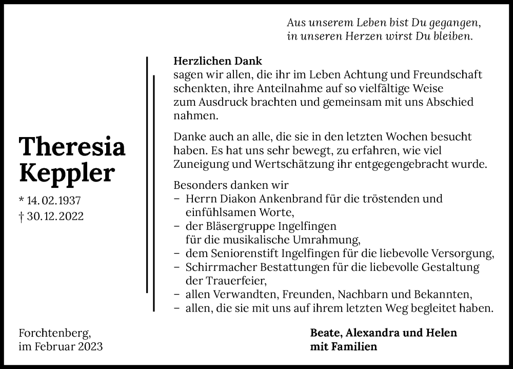  Traueranzeige für Theresia Keppler vom 04.02.2023 aus GESAMT
