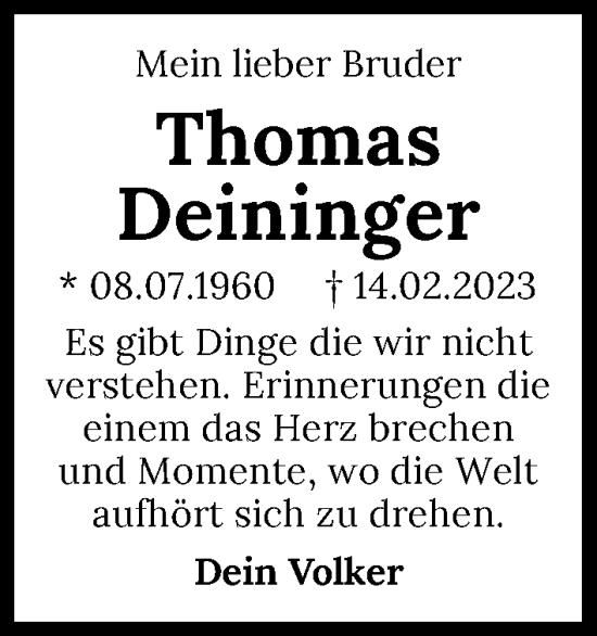 Traueranzeige von Thomas Deininger von GESAMT