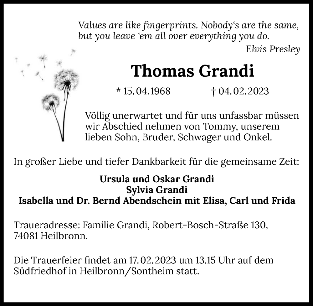  Traueranzeige für Thomas Grandi vom 11.02.2023 aus GESAMT
