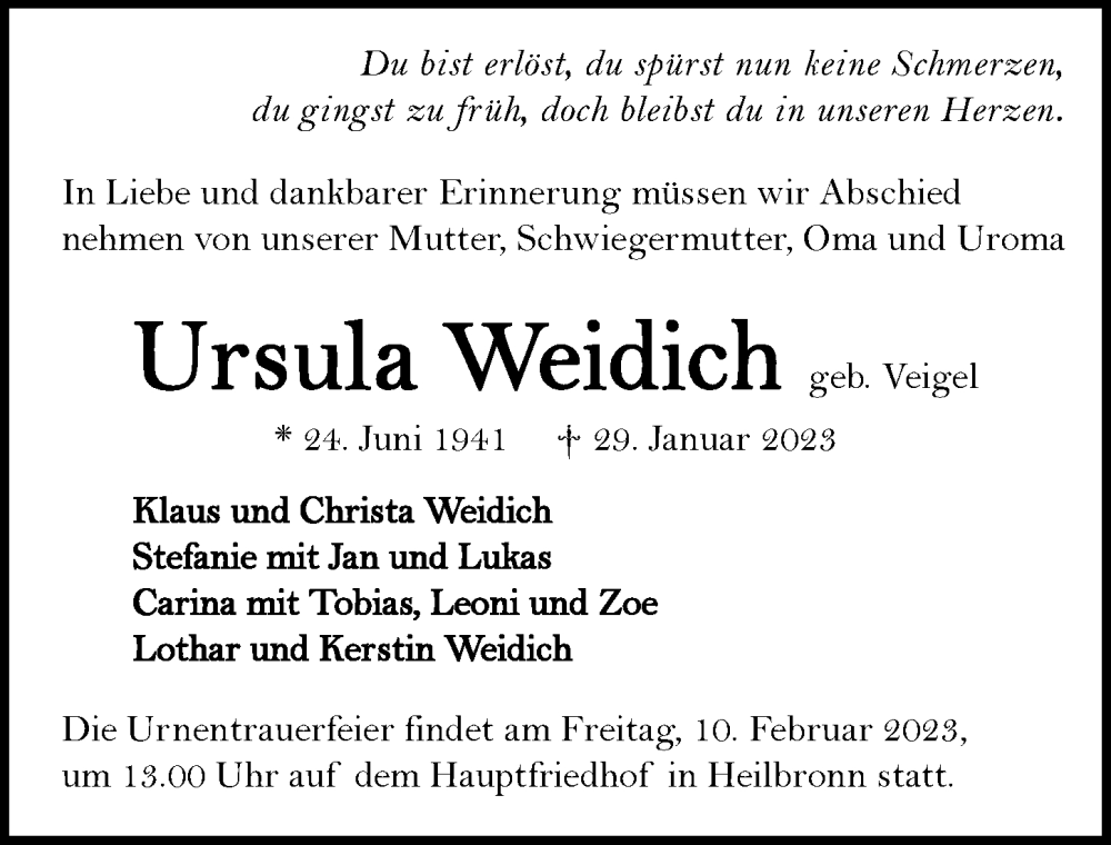  Traueranzeige für Ursula Weidich vom 04.02.2023 aus GESAMT