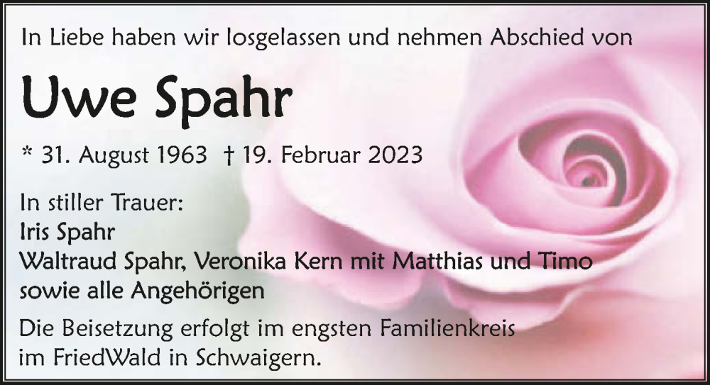  Traueranzeige für Uwe Spahr vom 25.02.2023 aus GESAMT