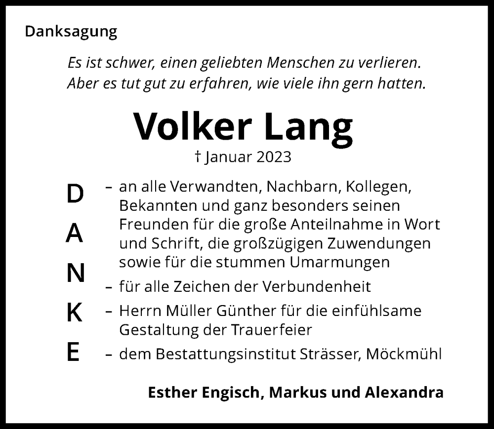  Traueranzeige für Volker Lang vom 14.02.2023 aus GESAMT