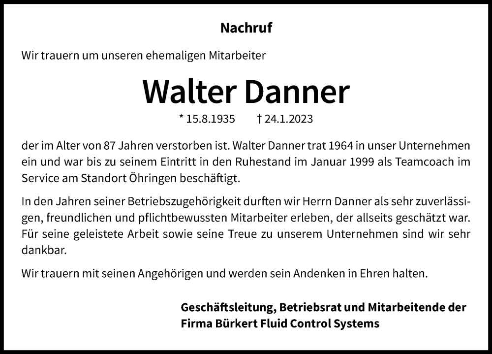  Traueranzeige für Walter Danner vom 11.02.2023 aus GESAMT