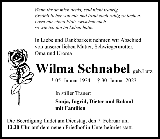 Traueranzeige von Wilma Schnabel von GESAMT