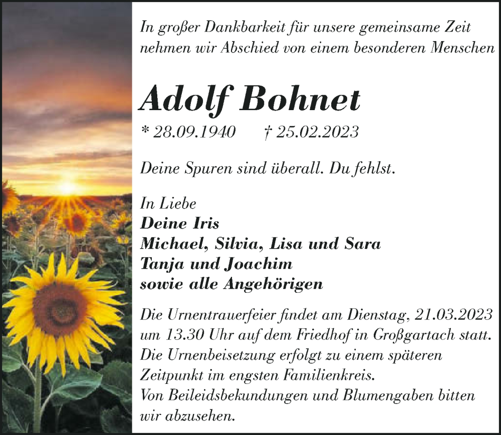  Traueranzeige für Adolf Bohnet vom 15.03.2023 aus GESAMT