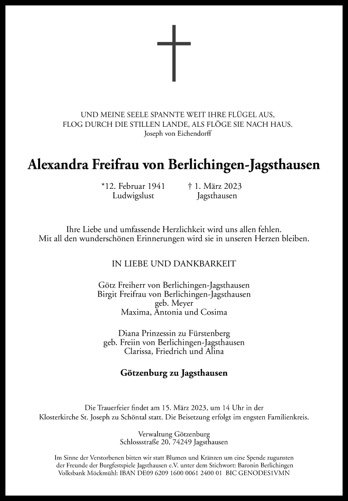  Traueranzeige für Alexandra Freifrau von Berlichingen-Jagsthausen vom 04.03.2023 aus GESAMT