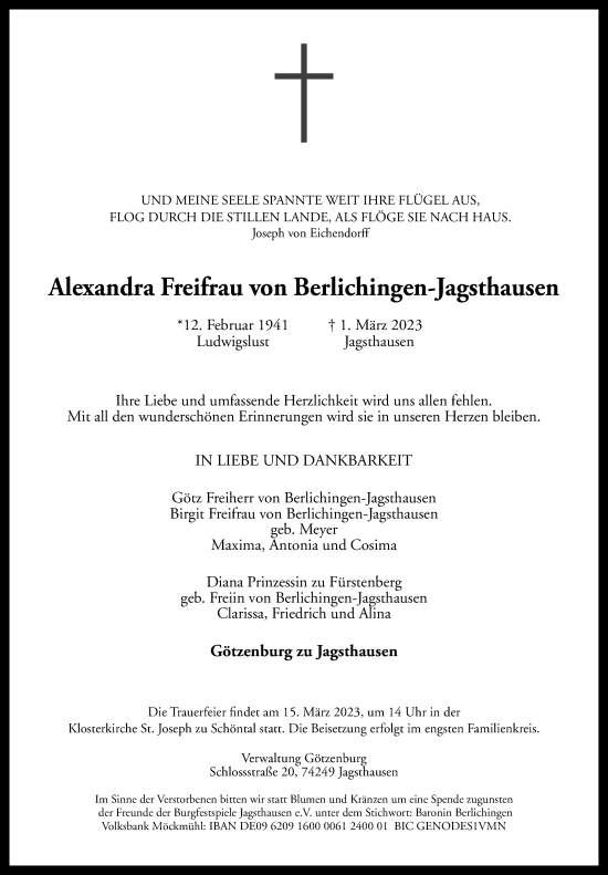Traueranzeige von Alexandra Freifrau von Berlichingen-Jagsthausen von GESAMT