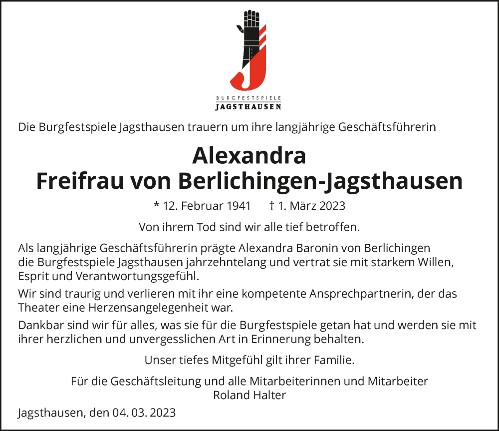  Traueranzeige für Alexandra Freifrau von Berlichingen-Jagsthausen vom 04.03.2023 aus GESAMT