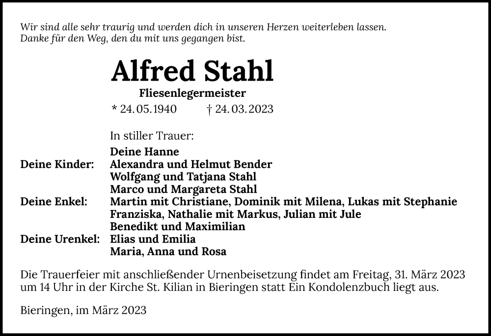  Traueranzeige für Alfred Stahl vom 29.03.2023 aus GESAMT