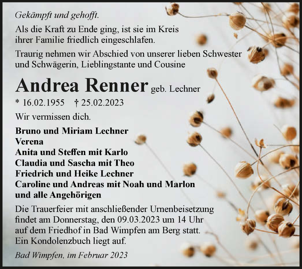  Traueranzeige für Andrea Renner vom 04.03.2023 aus GESAMT