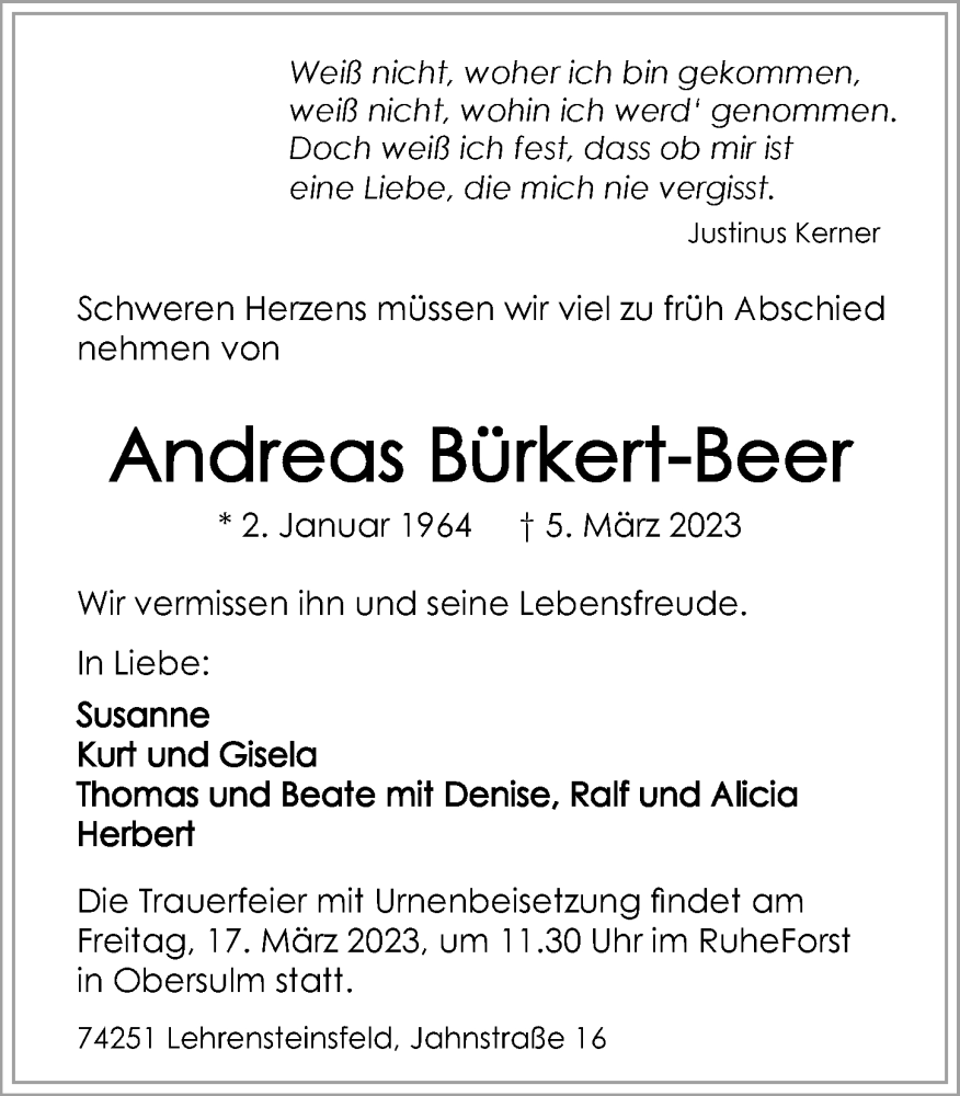  Traueranzeige für Andreas Bürkert-Beer vom 11.03.2023 aus GESAMT