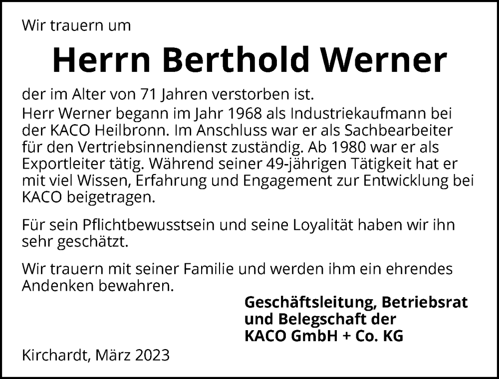  Traueranzeige für Berthold Werner vom 08.03.2023 aus GESAMT