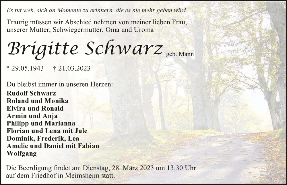  Traueranzeige für Brigitte Schwarz vom 25.03.2023 aus GESAMT