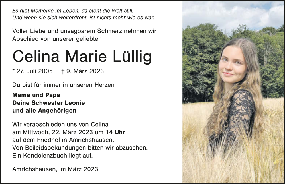  Traueranzeige für Celina Marie Lüllig vom 18.03.2023 aus GESAMT