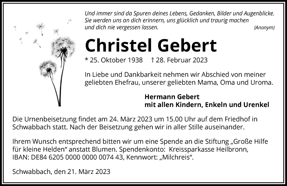  Traueranzeige für Christel Gebert vom 21.03.2023 aus GESAMT