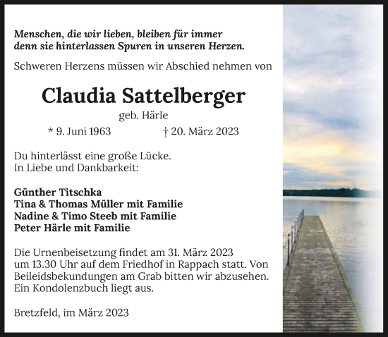 Traueranzeige von Claudia Sattelberger von GESAMT